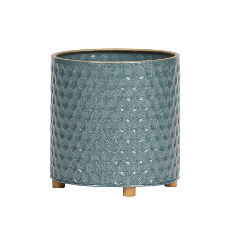 Pot à fleur en métal Mid Century, H 8,75 po x l 8 po x P 8 po, Bleu-vert