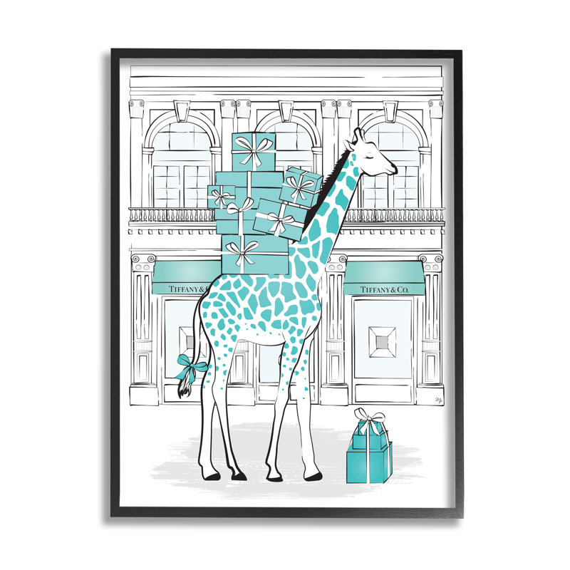 Girafe avec des boîtes-cadeaux empilées de Martina Pavlova-impression d’art graphique, H 20 po x l 16 po x 1,5 po