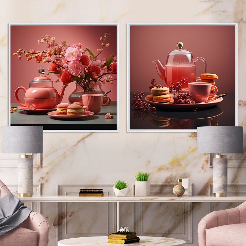 Après-midi Affair Pink Tea - Ensemble de 2 collages carrés café et thé, Cadre flottant blanc, H 36 po x l 73 po