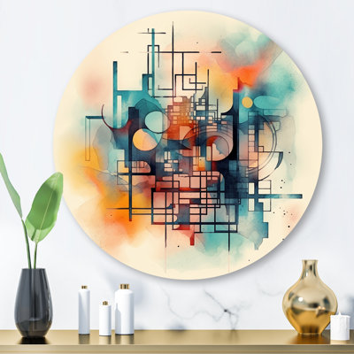 Orange orange, labyrinthe abstrait II - art mural rond abstrait géométrique sur métal