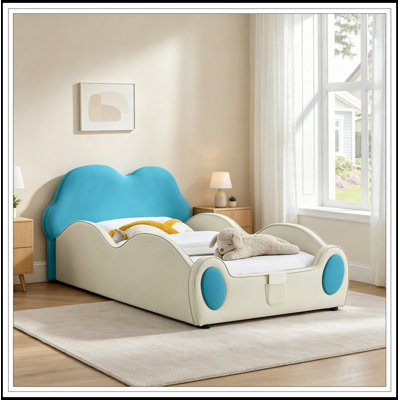 Twin Size PU Leather Bed with Guardrails and Storage Pocket