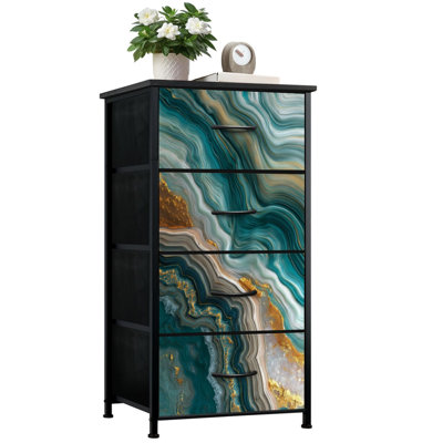 Dresser for Bedroom with 4 Storage Drawers abstract fake stone malachite green agate Marble Dressers Chest of Drawers Steel Framed Fabric Closet Organizers for Dorm Entryway