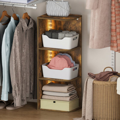 Organisateur de garde-robe Furinno PASIR avec lumières DEL, organisateurs de garde-robe de coin à DEL à 3 niveaux et rangement, tablettes ouvertes, 9,3 x 12 x 31,5, pour garde-robe, garde-robe, chambre à coucher, entrée, pin ambré