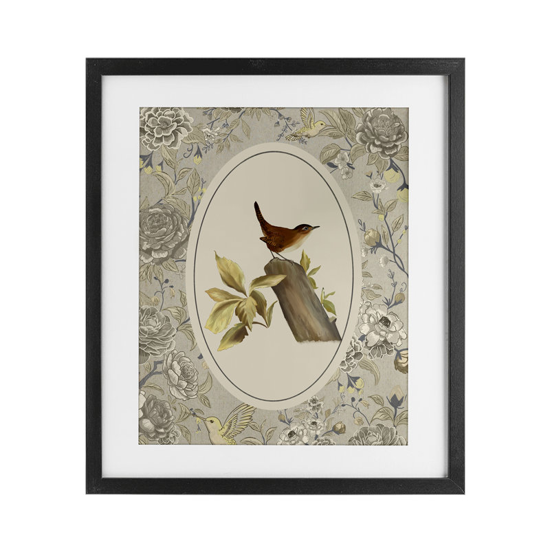 Reproduction sous verre perchée d'un oiseau et d'une toile, design par Radhika Modi, H 16 po x l 13 po, Cadre noir minuit