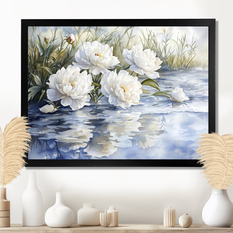 Olinger, pivoines blanches par l'étang gelé I - pivoines, art mural sur toile, Reproduction encadrée d'une seule photo