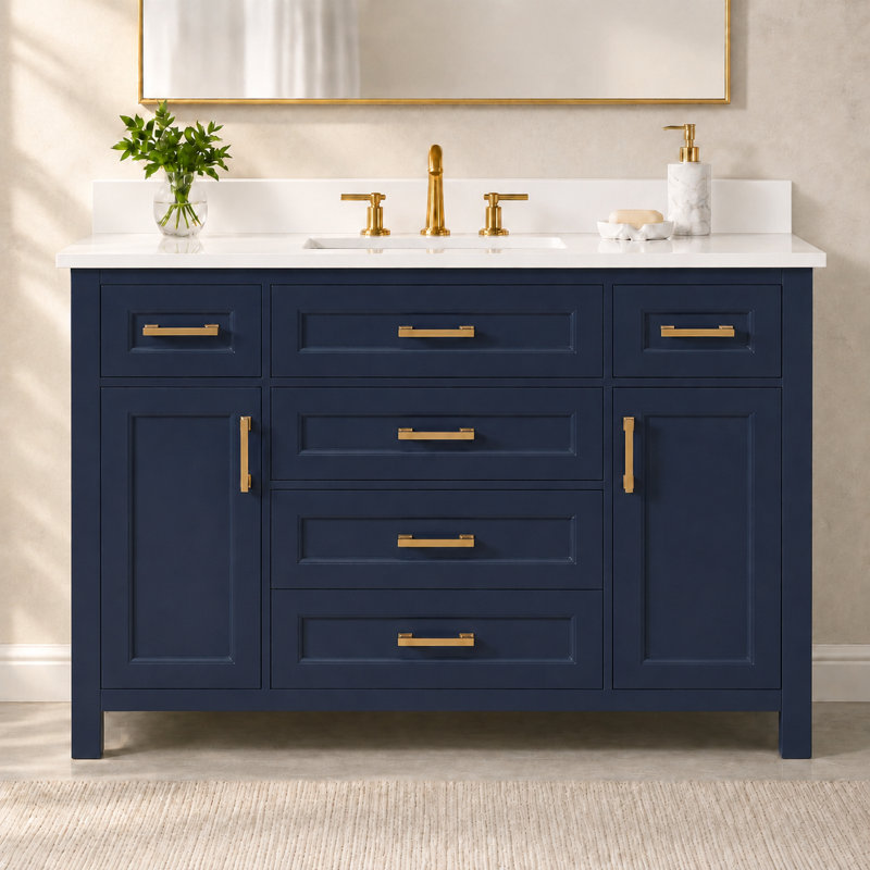 48'' Fully Assembled Single Bathroom Vanity with Ceramic Sink and Backsplash, Gold, Blue