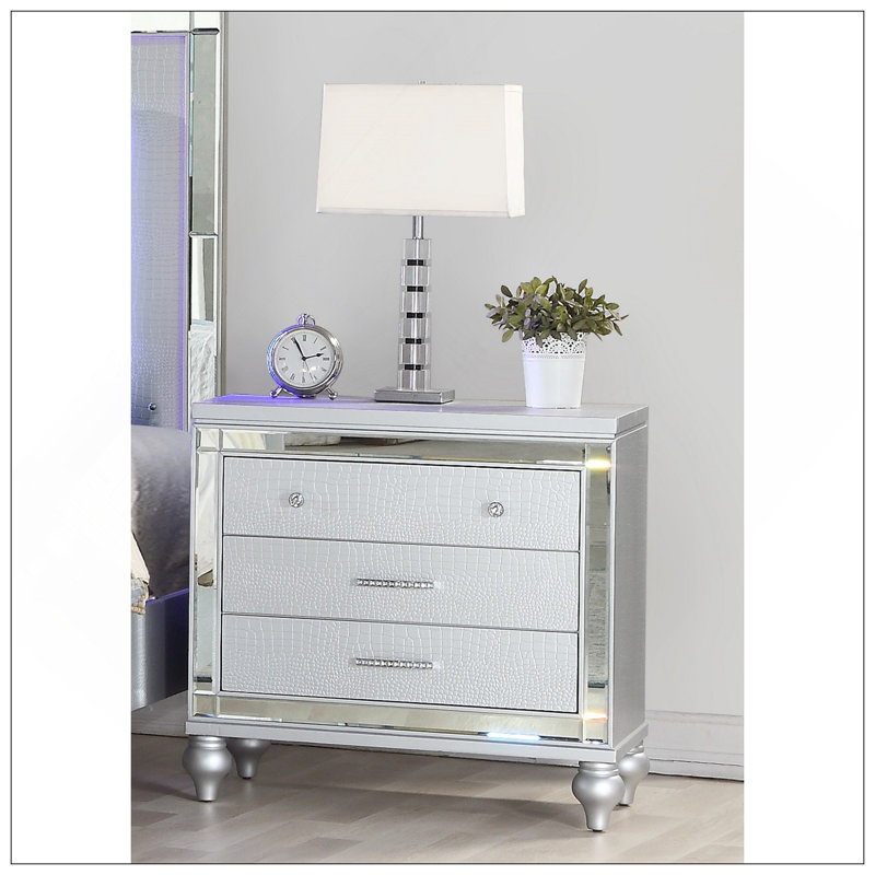 Modern Style Mirror Framed 3-Drawer Nightstand With Durable Wood Construction In Silver, Perfect For Elegant Storage Solutions