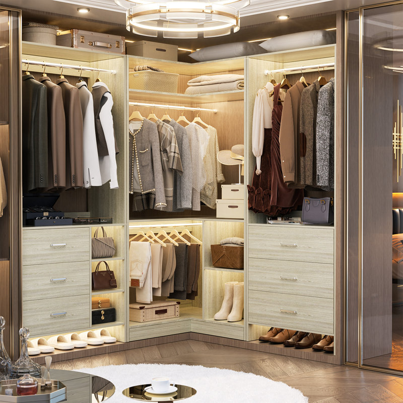 34" W Corner Closet System with Hanging Rods, White Oak