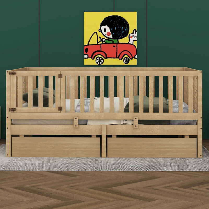 Joshuia Wood Daybed With Fence Guardrails And 2 Drawers, Split Into Independent Floor Bed & Daybed, Twin, Natural