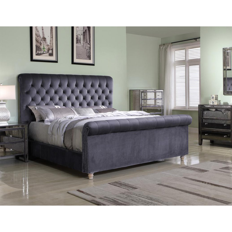 Lit tapissier standard capitonné Stefanski, Grand, Gris foncé