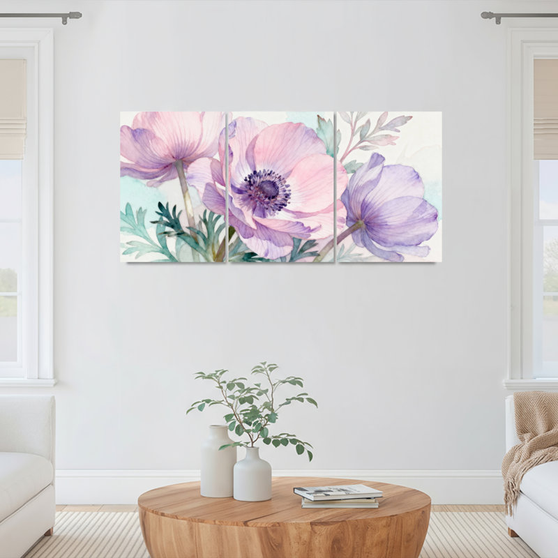Aquarelle, fleurs d'anémone rose et mauve sur toile, impression florale (ensemble de 3), H 36 po x l 72 po
