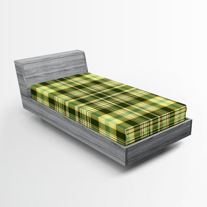 Drap-housse Ambesonne, paquet de 2, Drap-housse de taille simple, Motif écossais vert foncé / jaune / brun