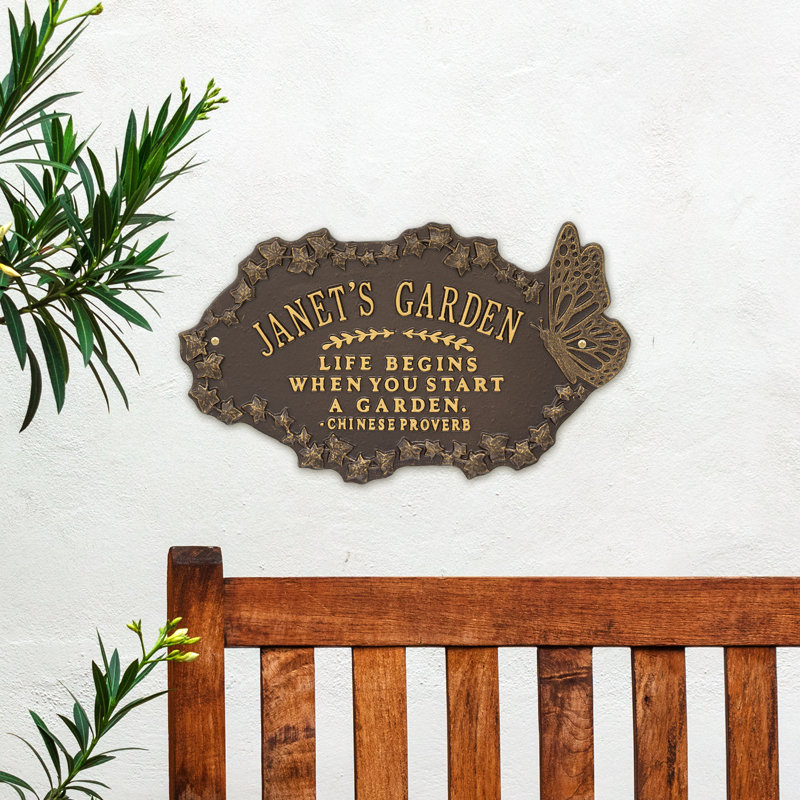 Plaque de jardin en aluminium avec texte et chiffres, Oui, Bronze/Doré