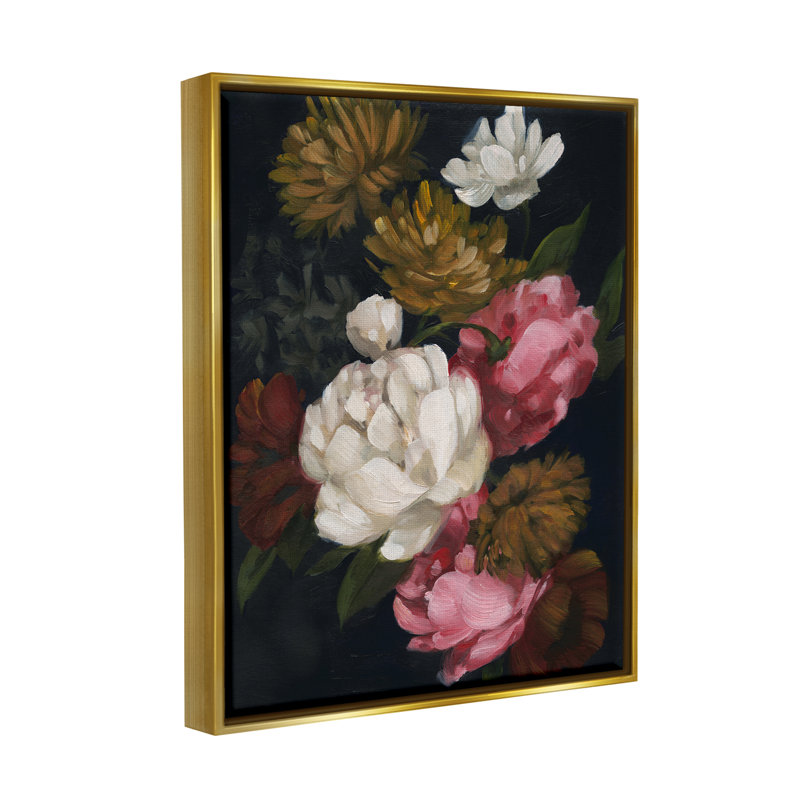 Arrangement de pivoines sur toile, Cadre flottant métallique doré, H 31 po x l 25 po