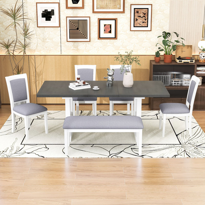 6Pcs Extendable Dining Set with Removable Leaf, Rectangular Table, 4 Upholstered Chairs and Bench, Gray/White