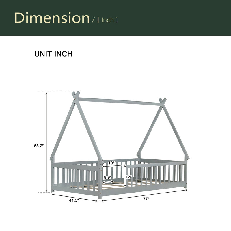 Tent-Shaped Floor Bed,Teepee Bed With Guardrails,Slats, Gray, Twin