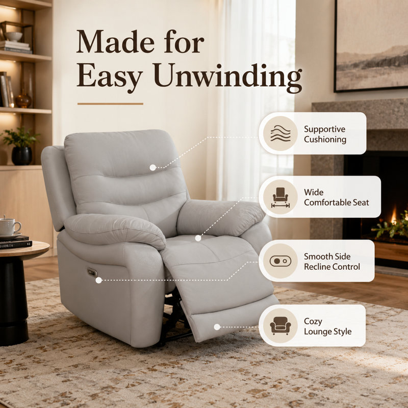 40" W Light Grey Power Recliner Chair with USB Port, LED Lights, Pillow-Top Arms, and Breathable Leather Upholstery, Gray