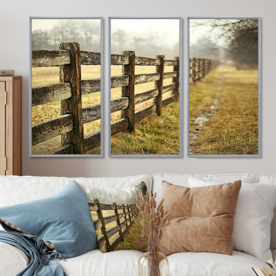 Brown And Green Farm Landscape Rustic Fence - Farmhouse Wall Art Print Set