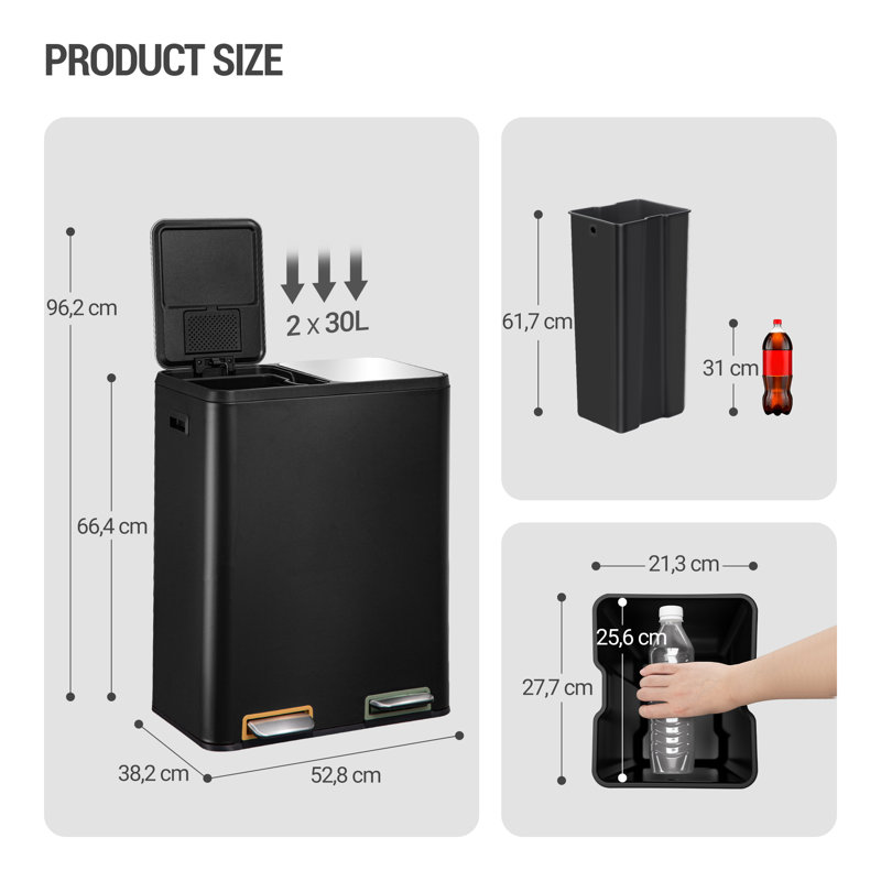 Kitchen Bin, Recycling Bins, Pedal Bin with Lid, Stainless Steel Kitchen Bins Recycling and Waste, Silent Slow-Down Closing Lid, With 15 Exclusive Trash Bags