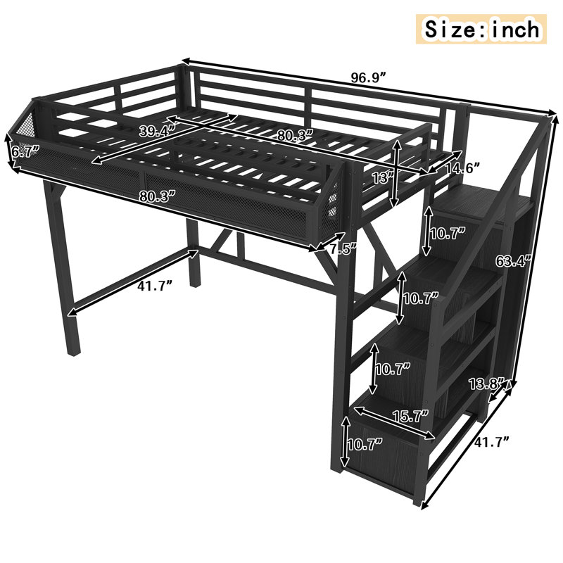 Twin XL Loft Bed with Storage Stairs, Shelves and Built-in Wardrobe, Metal Loft Bed Frame with USB Ports and LED Lights, Noise-reduced Design, Black