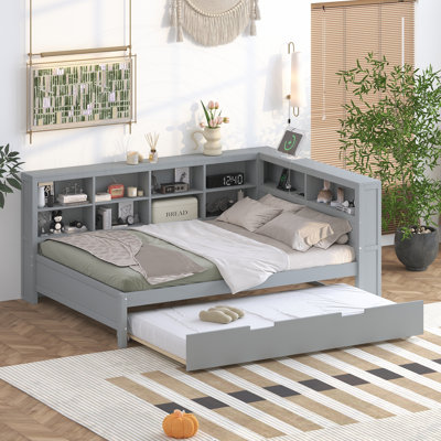 Lit de jour double en bois avec lit gigogne simple, rangement et chargement USB