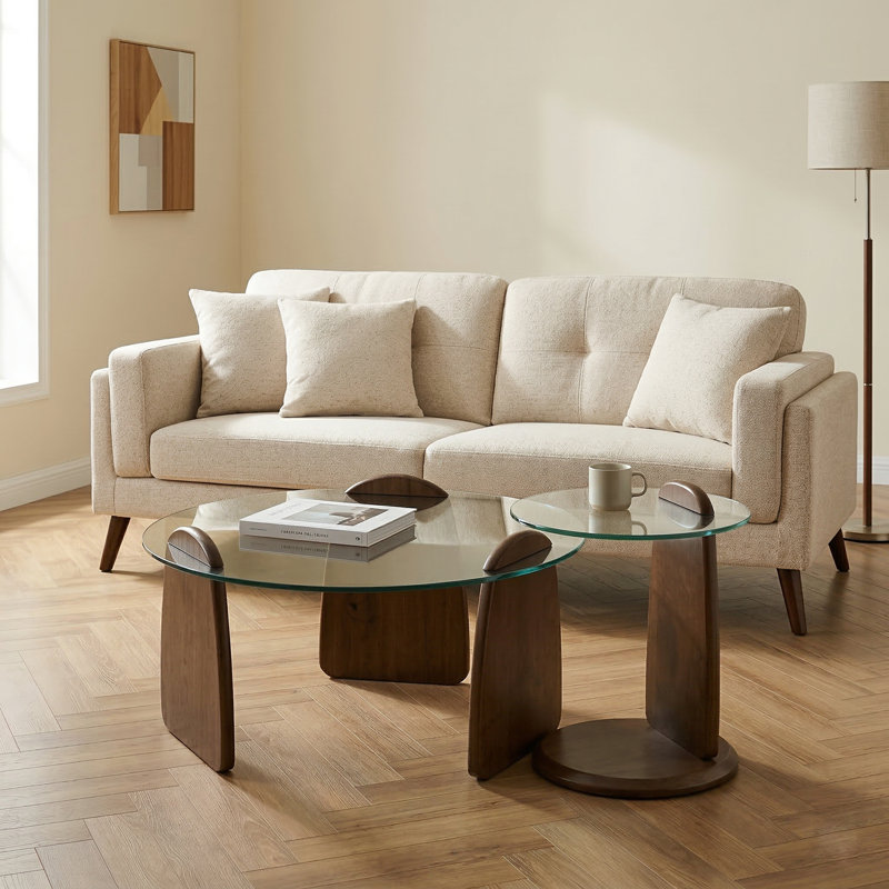 Forma Set of Two Wooden Coffee Tables with Tampered Glass Side Table, Walnut