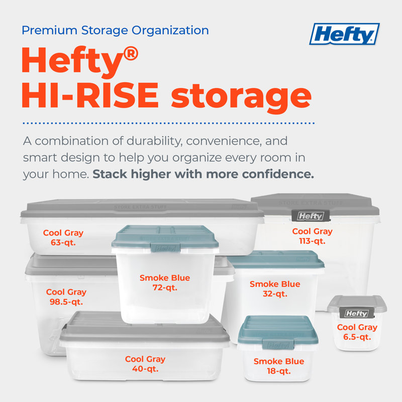 Paquet de 4 bacs de rangement en plastique avec couvercles Hefty Hi-RISE 113 pte, gris ciment