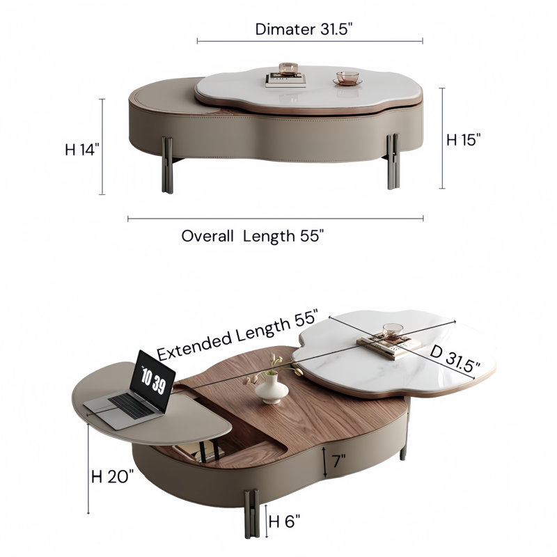 Table basse 64 "entièrement assemblée avec tiroir et base en acier inoxydable 