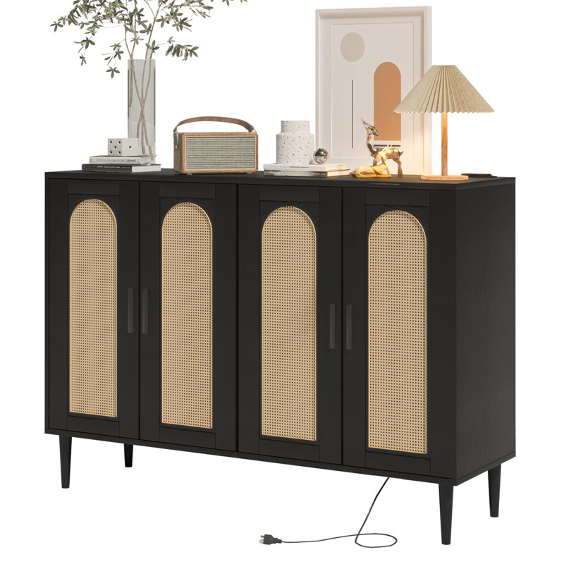 Black Rattan 4-Door Sideboard Buffet Cabinet with Power Outlet