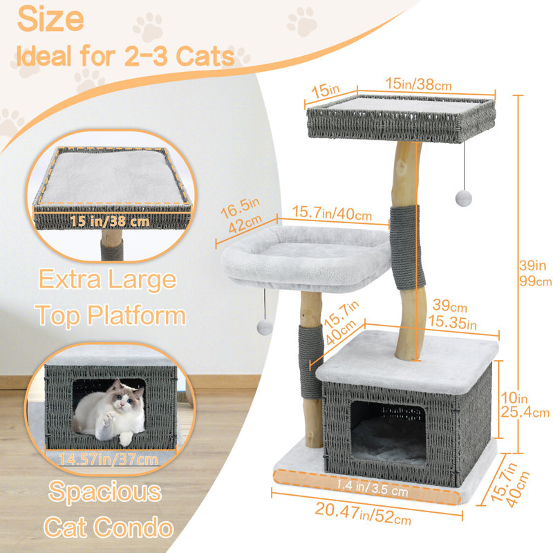 Tour d'arbre à chat en bois véritable de 39 pouces pour chats d'intérieur, tour d'escalade en bois avec poteau à griffes et lit