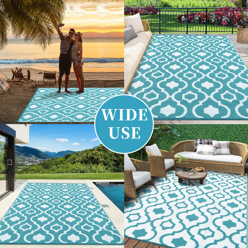 Outdoor Rugs 8x10 ft Waterproof Floor Mat for Patio Plastic Reversible Outside Carpet Portable Straw Rug for Camping Tent RV Balcony Blue White
