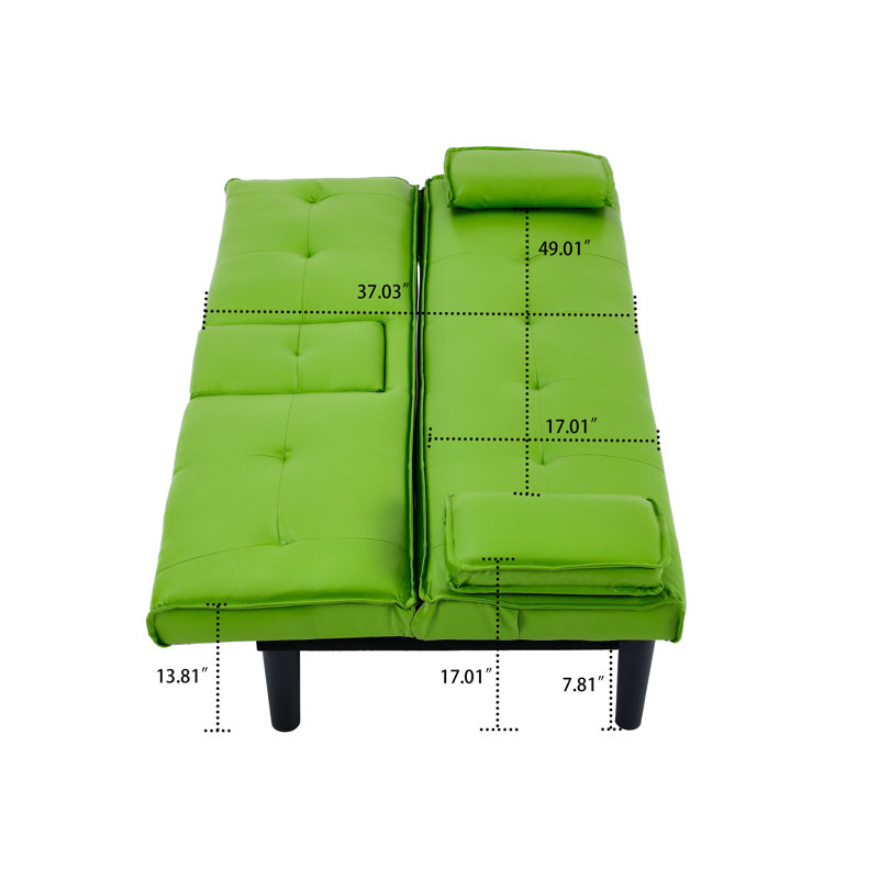 Classic PVC Upholstered Convertible Futon Sofa Bed with Cup Holders, Green Faux Leather