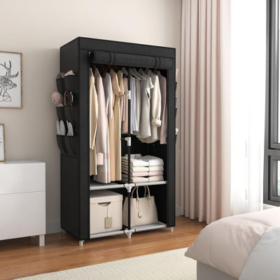 Portable Closet Wardrobe Closet For Hanging Clothes With 4 Storage Shelves, 2 Hanging Rods And 6 Pockets, Stable And Easy Assembly Clothes Rack With Cover Free Standing Closet For Bedroom