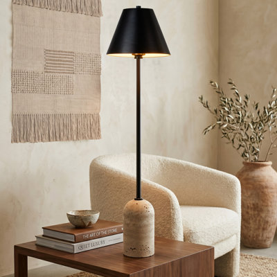 36" Tall Natural Travertine Buffet Table Lamp, Blackened Steel Finish with Empire Metal Shade