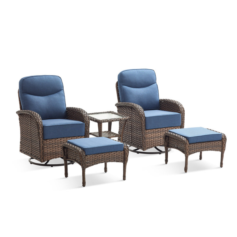 Himonia 5-Piece Outdoor All-Weather Wicker Patio Conversation Set With Ottomans And Side Table, Blue
