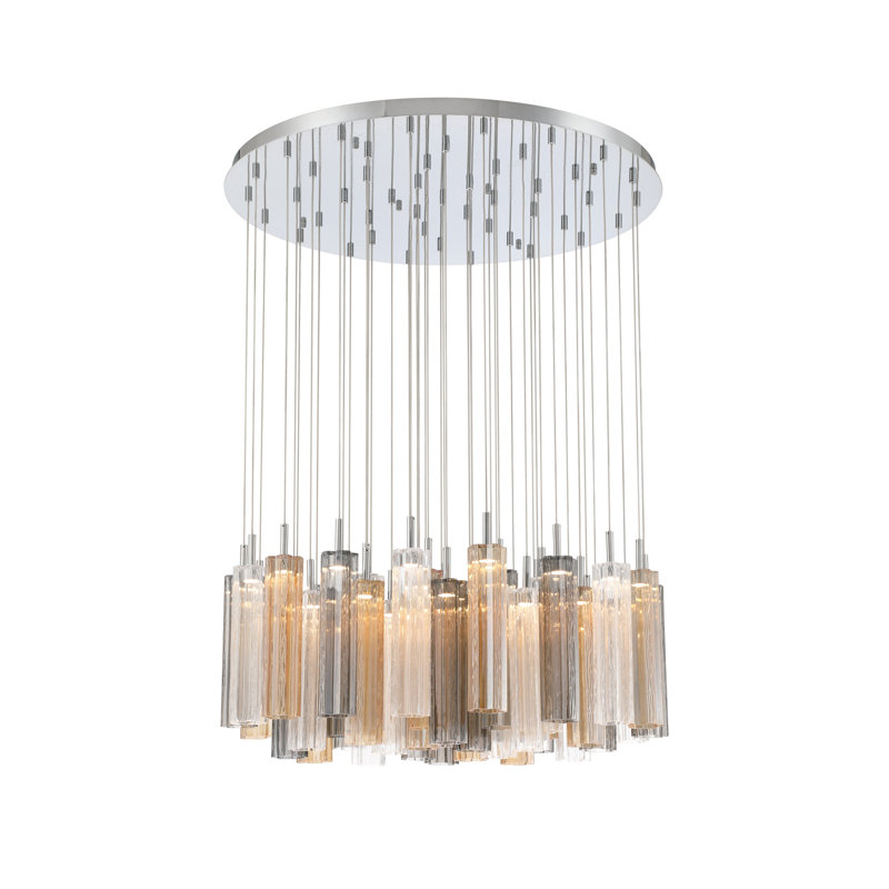 Luminaire suspendu intégré à DEL 36 po Wolford, Chrome poli, H 196,5 po x l 36 po x P 36 po, Ambre / gris fumé / transparent
