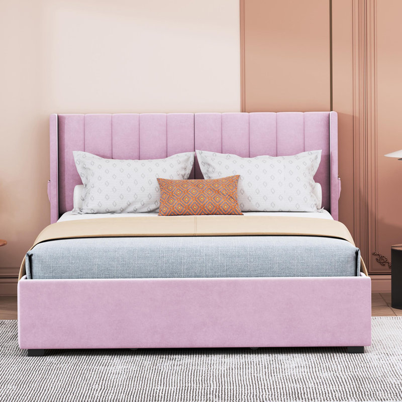 Upholstered Bed With 4 Drawers, Queen, Pink
