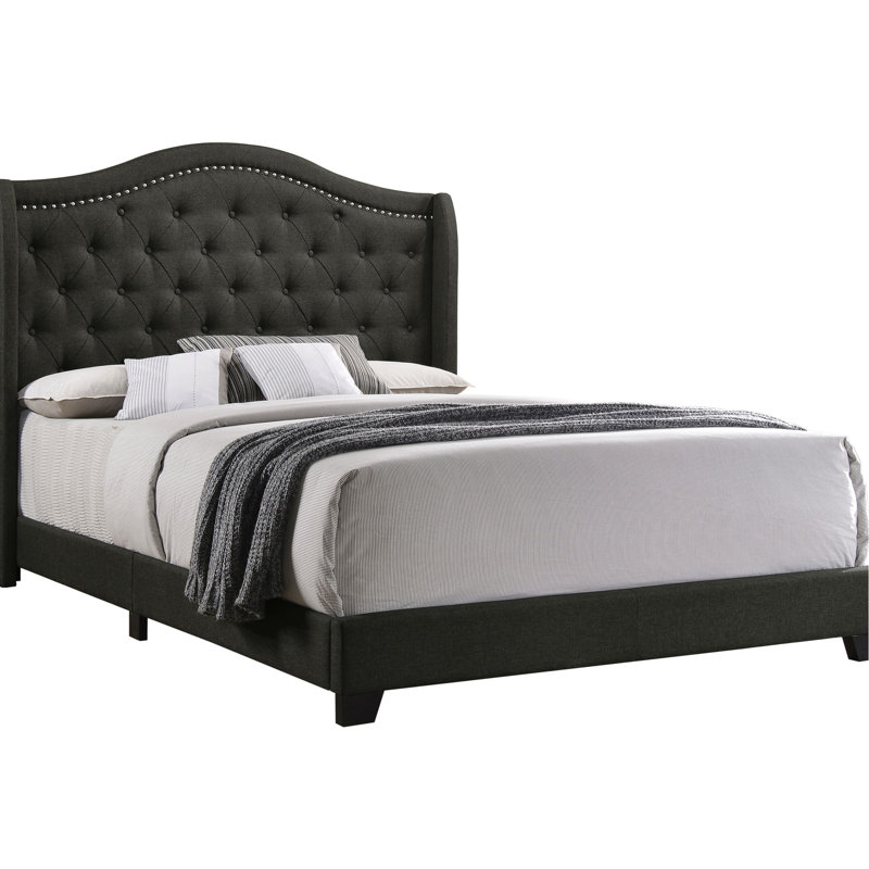 Grand lit à oreilles tapissier gris cuivré avec aspect raffiné, rembourrage doux en tissu, style transitionnel pour chambre à coucher, cuir de qualité légèrement rembourré, dossier haut classique à utiliser