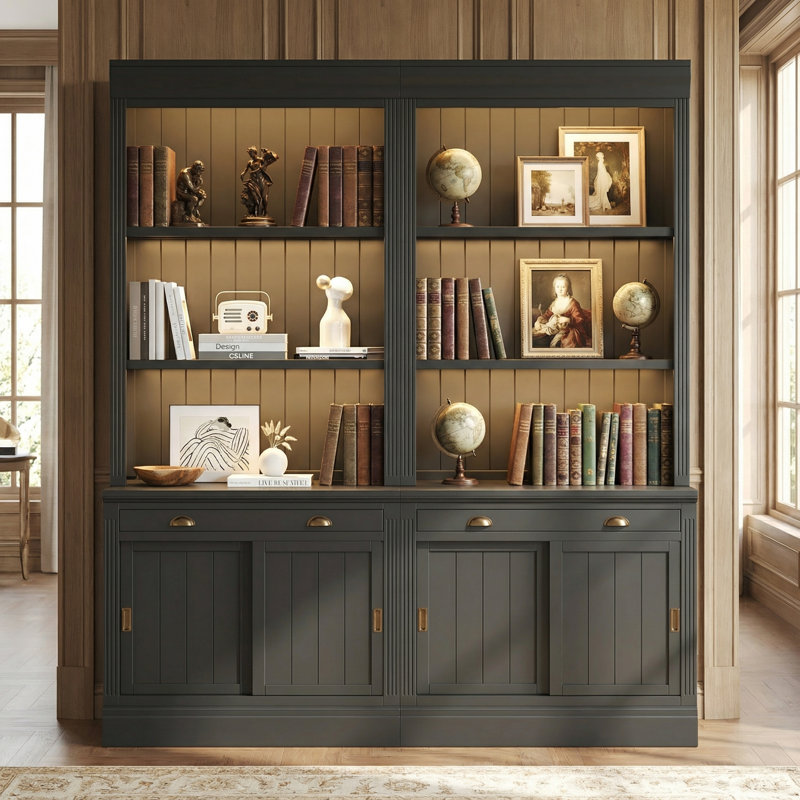 Ensemble de bibliothèque de 83,4 pouces de hauteur avec éclairage DEL et portes coulissantes, idéal pour le salon ou le bureau à domicile, noir