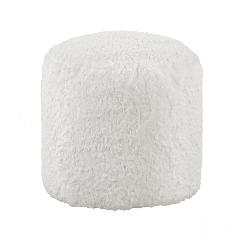 Modern Pouf Off-White Faux Fur Fabric Upholstered Ottoman, Footstool, Non-Slip Floor Pouf, Bean Bag Chair, 1Pc Sitting Pouf