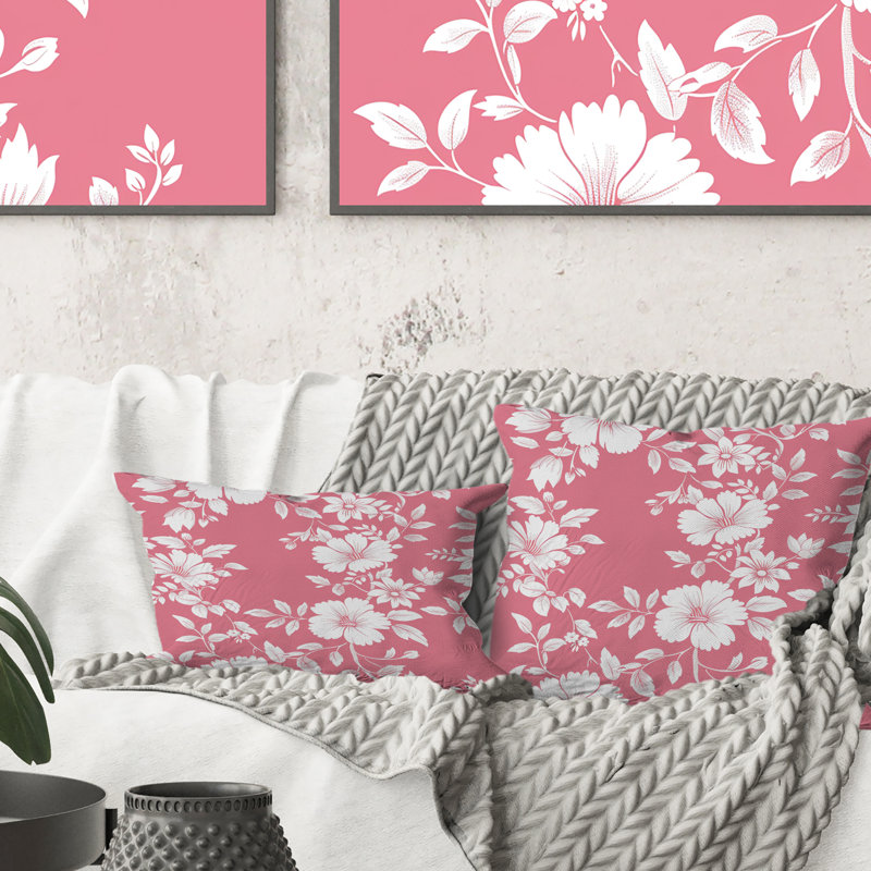 Coussin décoratif à motif de jardins floraux blancs et roses II, H 18 po x l 18 po