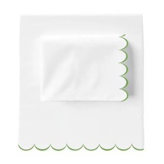 Allena 400TC Cotton Scallop Embroidery Sateen Cotton 4 Piece Sheet Set Fitted Sheet Fits Upto 16" Deep Pocket, Sage