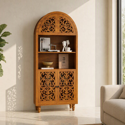 Bibliothèque arquée 67 "en bois sculpté avec tablette ouverte et portes, armoire de rangement rétro