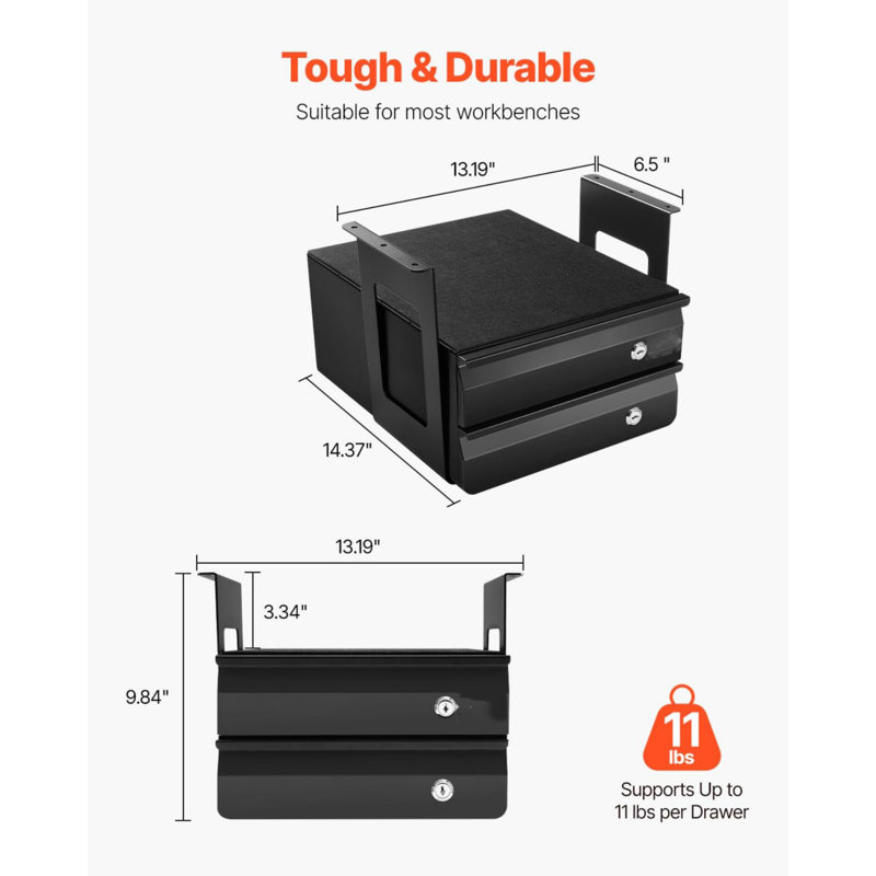 13" Wide Under Desk Drawer Slide Out, Under Table Pull-Out Drawer Attachment, Hidden Desktop 2 Layer Storage Organizer, Lockable Undermount Pencil Drawer For Sit Stand Workstation, 14X13x10 In