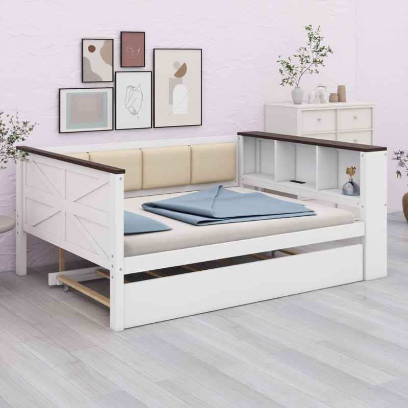 Modern Wood Daybed With Upholstered Backrest, Built-In Shelves, USB Charging Port & Hidden Pull-Out Trundle Bed