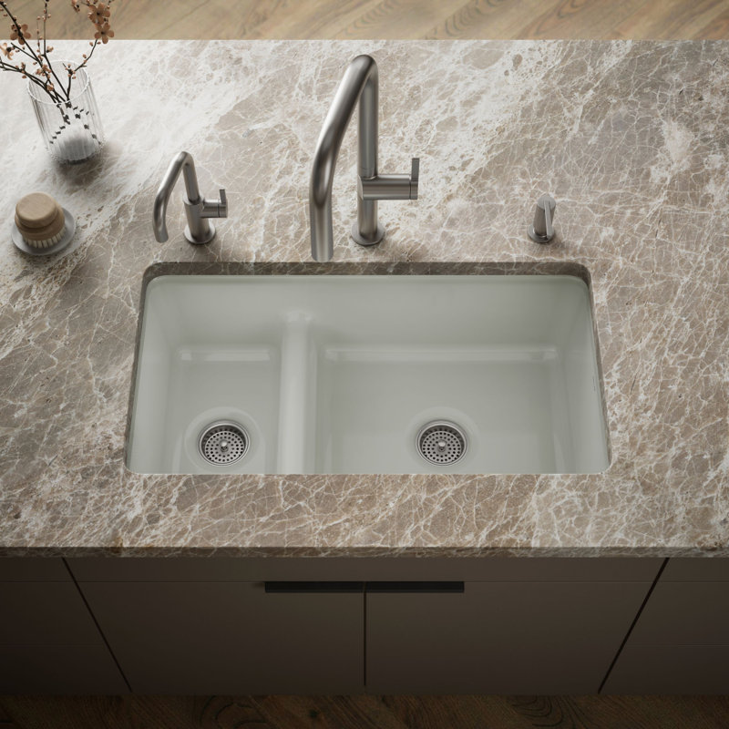 Iron Tones 33" L x 18.75" W Large/Medium Double-Bowl Kitchen Sink, Sea Salt