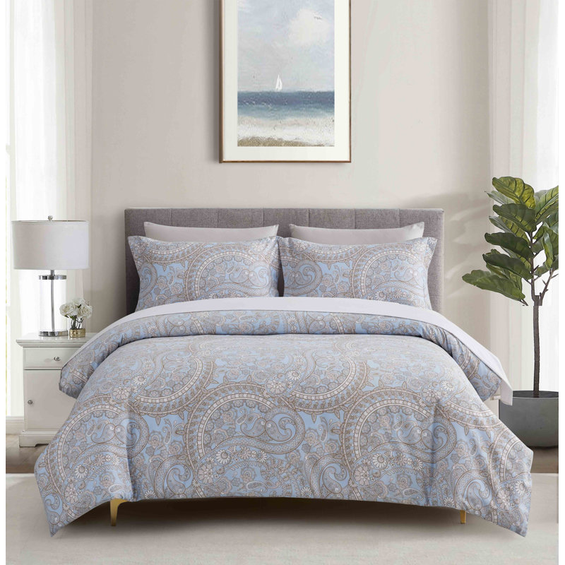 Ensemble de housse de couette réversible en microfibre bleue 3 pièces, Housse de couette grand + 2 taies décoratives