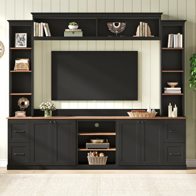 Meuble audio-vidéo 4 en 1 avec bibliothèque pour téléviseur de 70 po ou moins, grand meuble télé de style campagnard avec tablettes réglables en noyer, console multimédia rétro élégante avec tiroirs pour le salon, noir