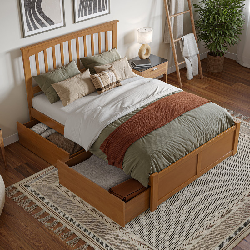 Lit plateforme en bois massif avec pieds de lit et tiroirs de rangement Mission, Caramel clair, Lit double