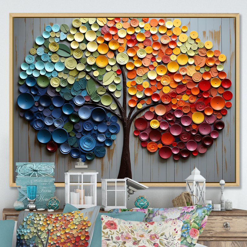 Art mural coloré arc-en-ciel coloré 4 saisons - Arbres, Cadre flottant brun, H 34 po x l 44 po x P 1,5 po